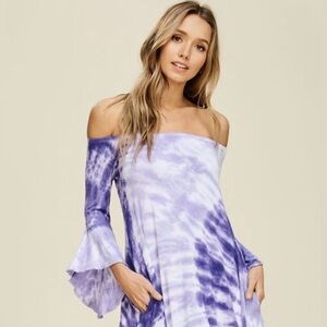 Tie Dye Boho Off The Shoulder Dress w/ Bell sleeves & pockets. Purple. NEW
